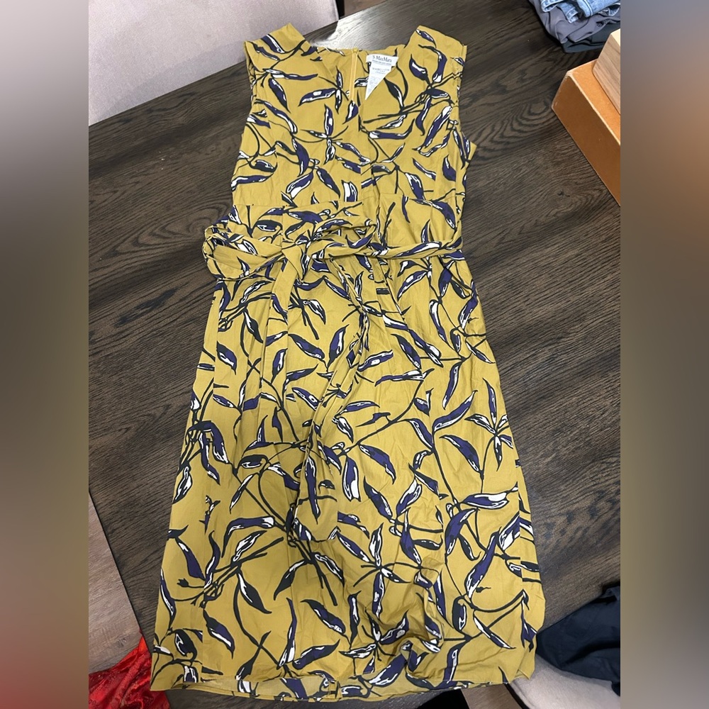 MaxMara Mustard and Navy Leaf Print Dress
